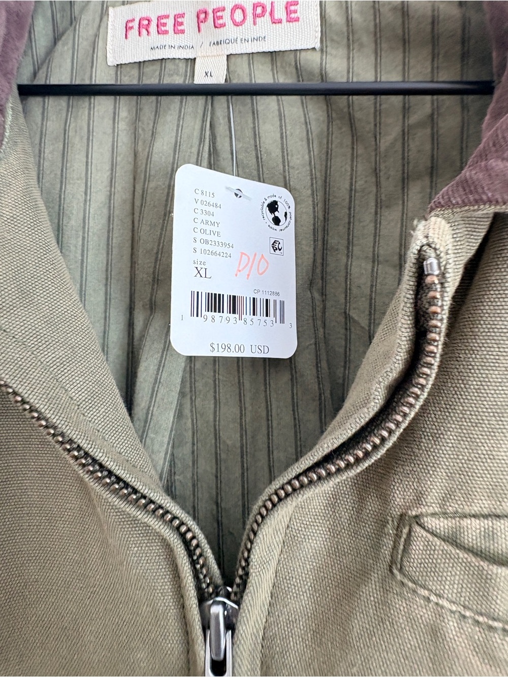 NWT Free People Harley Olive Utility Jacket with Corduroy Collar - Picture 3 of 10